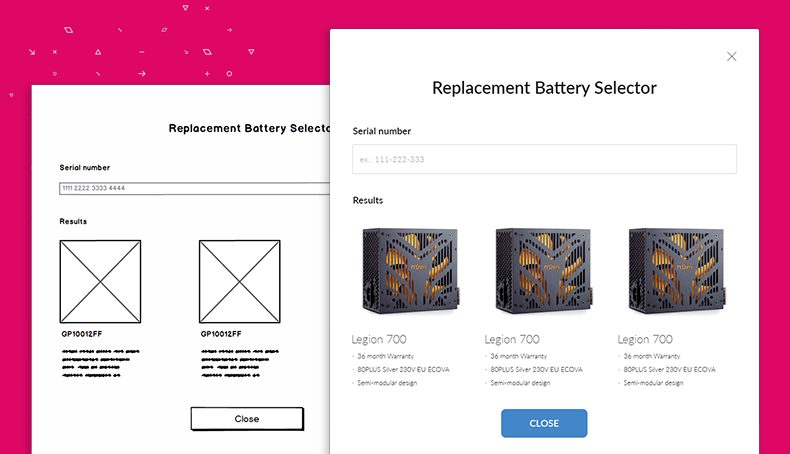 A low-fidelity wireframe and a high-fidelity mockup